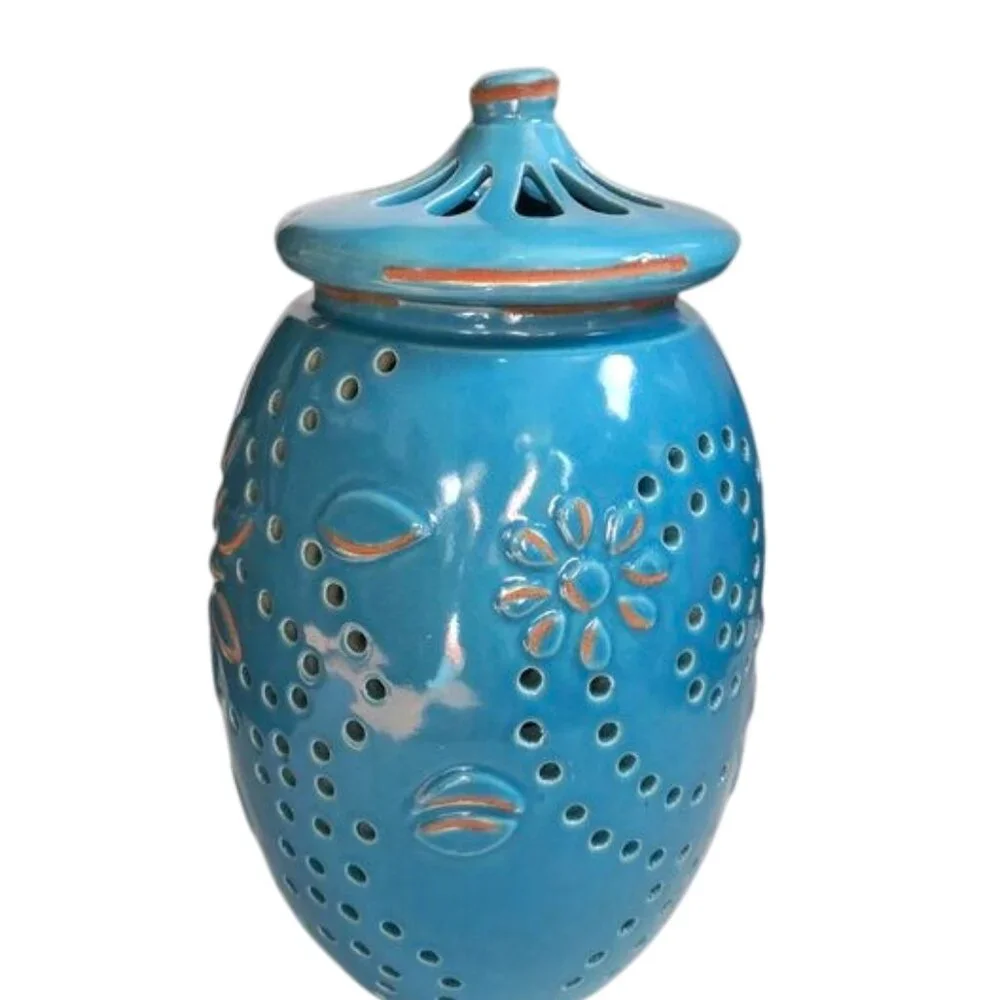 Pier‎ 1 Blue Ceramic Cut Out Vase/Candle Holder 13